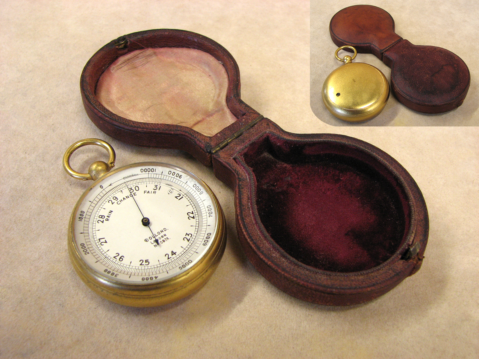 Victorian Dollond pocket barometer & altimeter in leather case